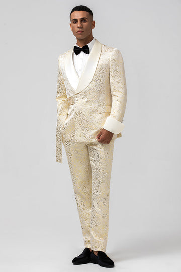 Glitter Champagne Sjal Jakkeslag Jacquard 2-delt Menns Balldresser med belte